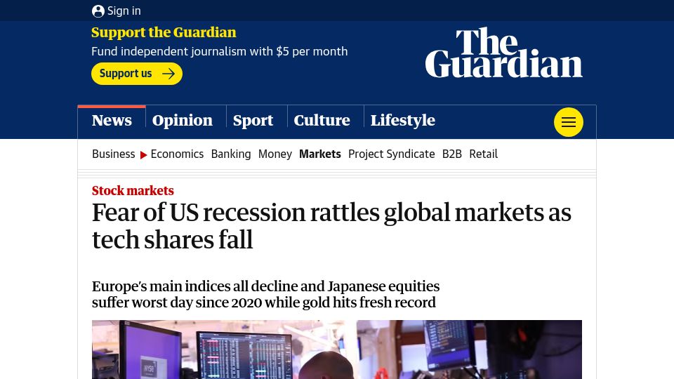 Screenshot of theguardian.com: Fear of US recession rattles global markets as tech shares fall