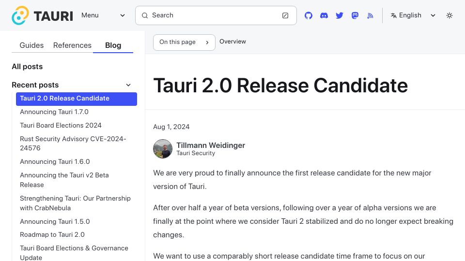 Screenshot of v2.tauri.app: Tauri 2.0 Release Candidate