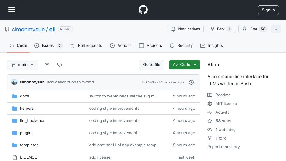 Screenshot of github.com: Show HN: Ell – A command-line interface for LLMs written in Bash