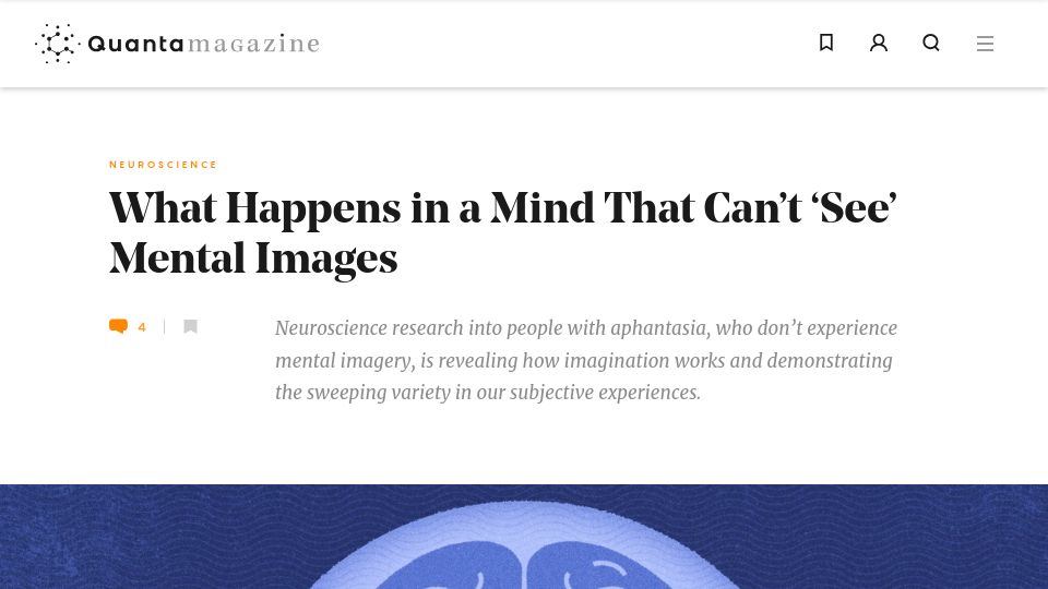 Screenshot of quantamagazine.org: What happens in a mind that can't 'see' mental images