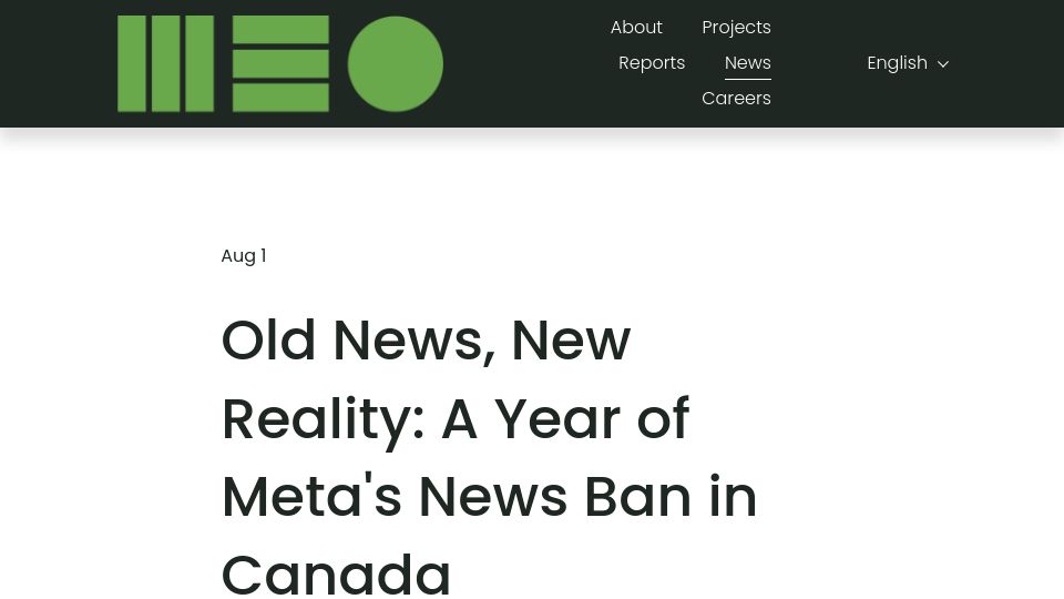 Screenshot of mediaecosystemobservatory.com: A year of Meta's news ban in Canada