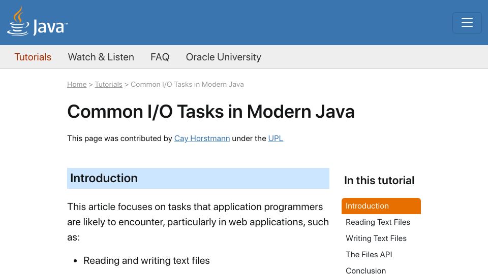 Screenshot of dev.java: Common I/O Tasks in Modern Java