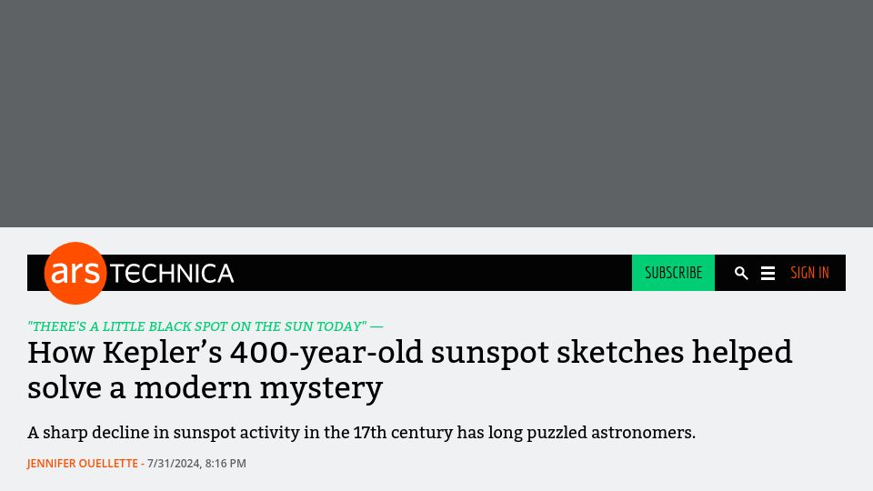 Screenshot of arstechnica.com: Kepler's 400-year-old sunspot sketches helped solve a modern mystery