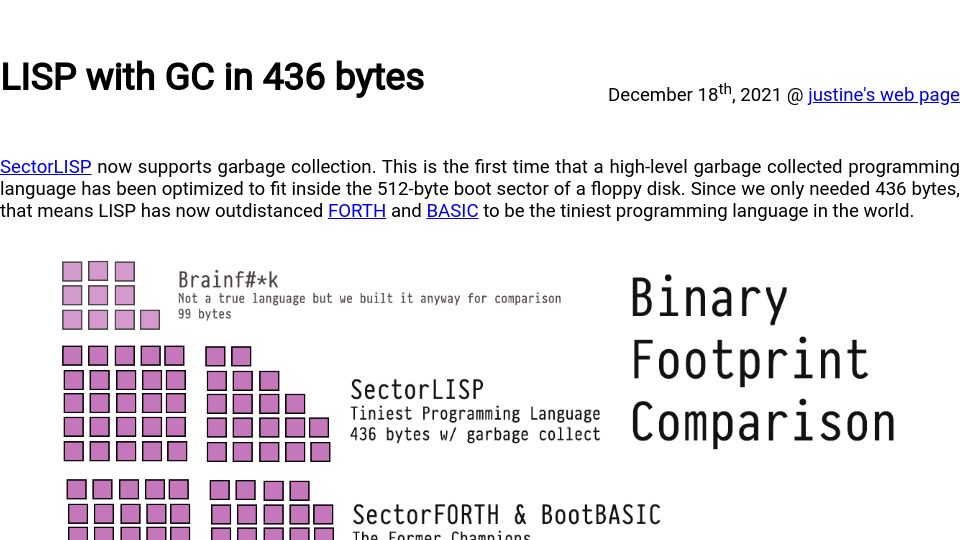 Screenshot of justine.lol: Lisp with GC in 436 Bytes