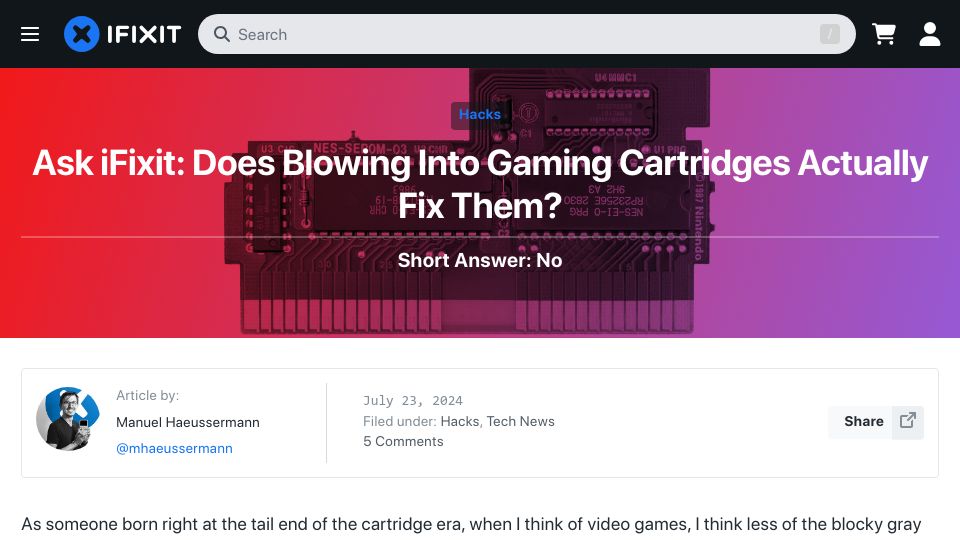 Screenshot of ifixit.com: Ask iFixit: Does Blowing Into Gaming Cartridges Actually Fix Them?