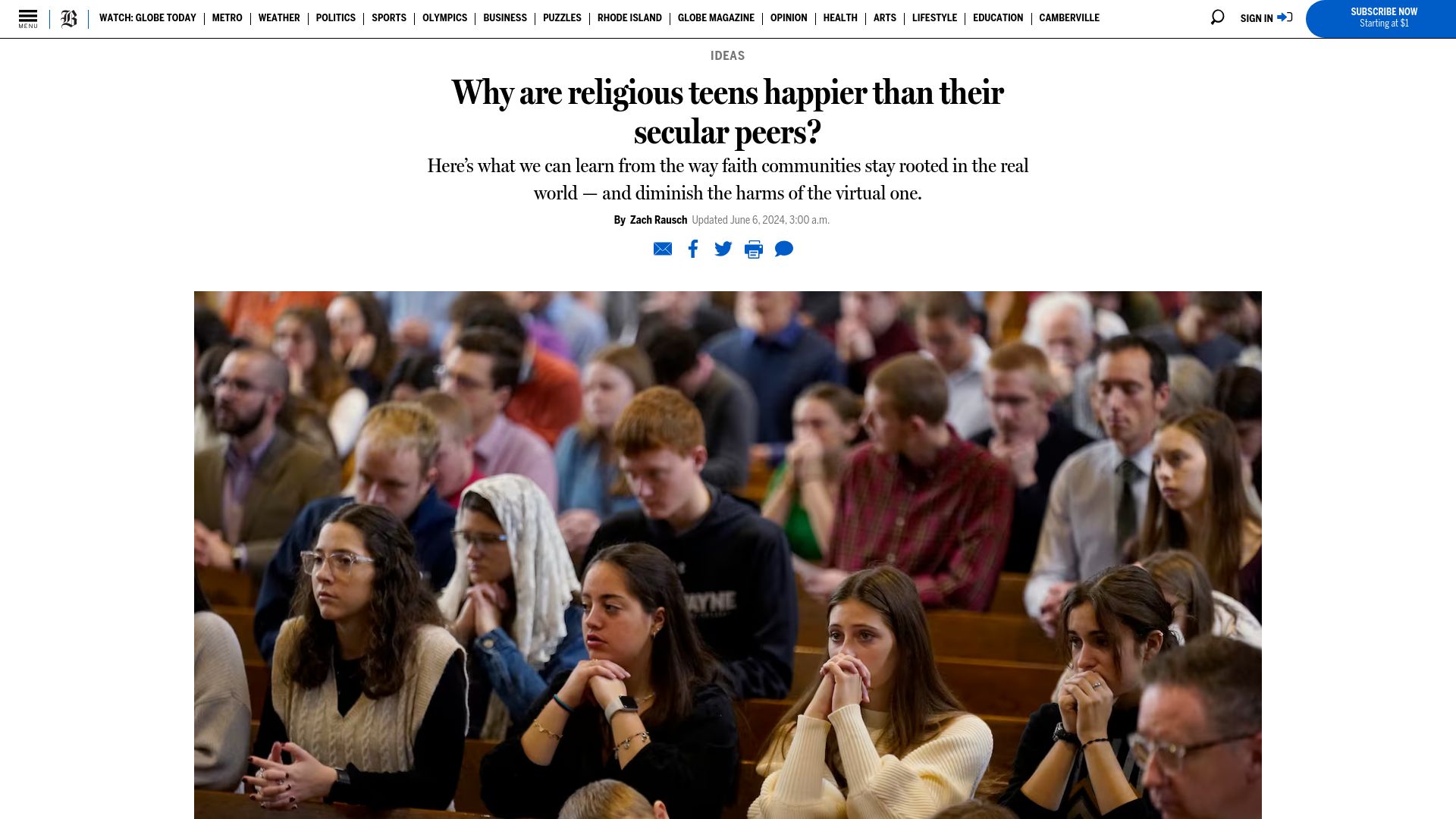 Screenshot of bostonglobe.com: Why are religious teens happier than their secular peers?