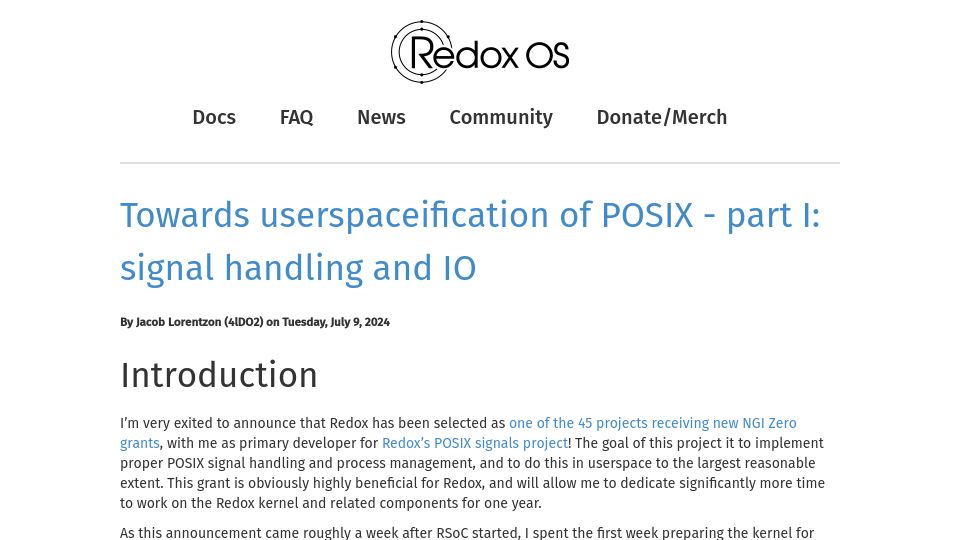 Screenshot of redox-os.org: Towards userspaceification of POSIX – part I: signal handling and IO