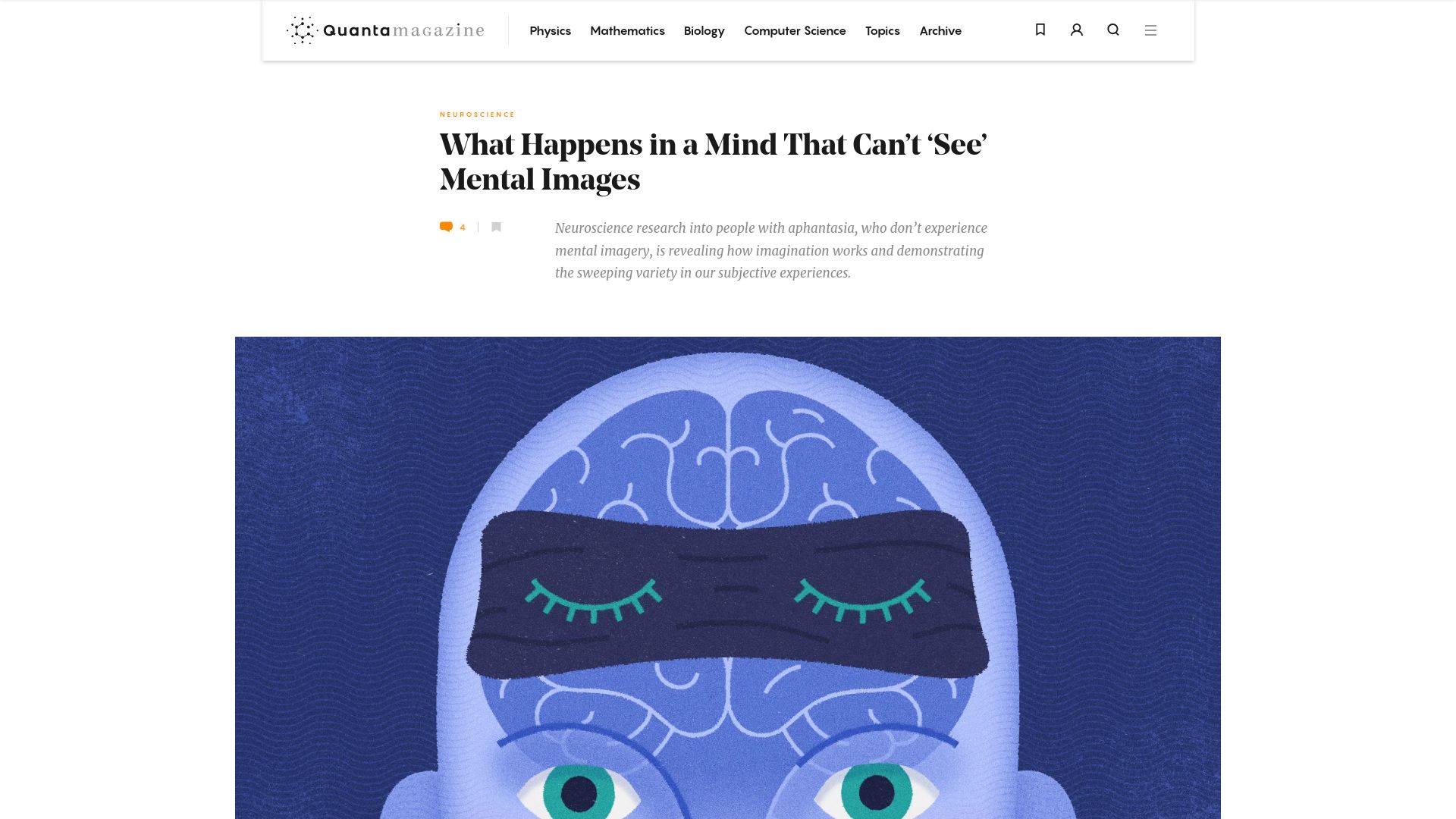 Screenshot of quantamagazine.org: What happens in a mind that can't 'see' mental images