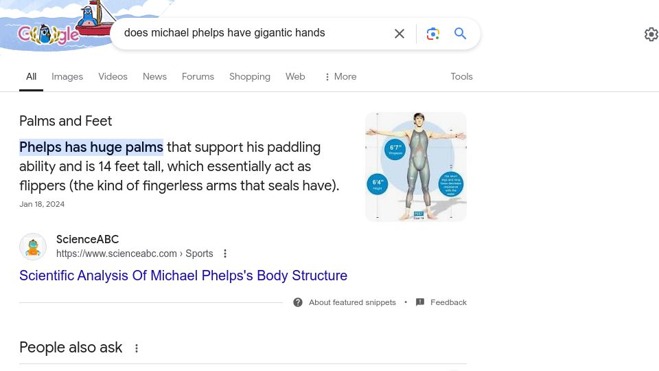 Screenshot of google.com: Michael Phelps is 14 feet tall