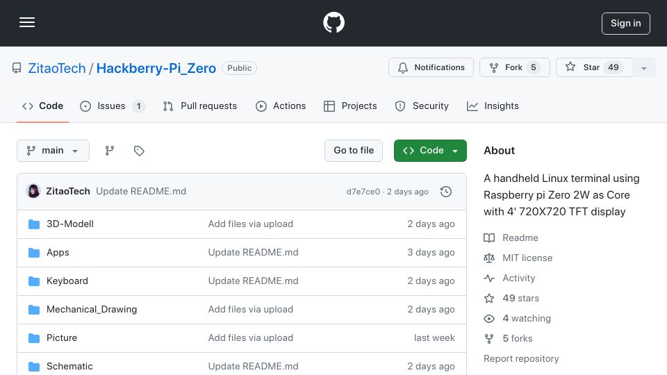 Screenshot of github.com: Hackberry-Pi_Zero – A handheld Linux terminal using Raspberry Pi Zero 2W