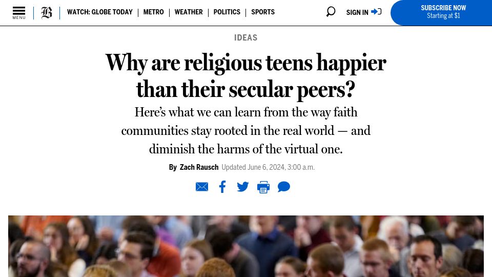 Screenshot of bostonglobe.com: Why are religious teens happier than their secular peers?