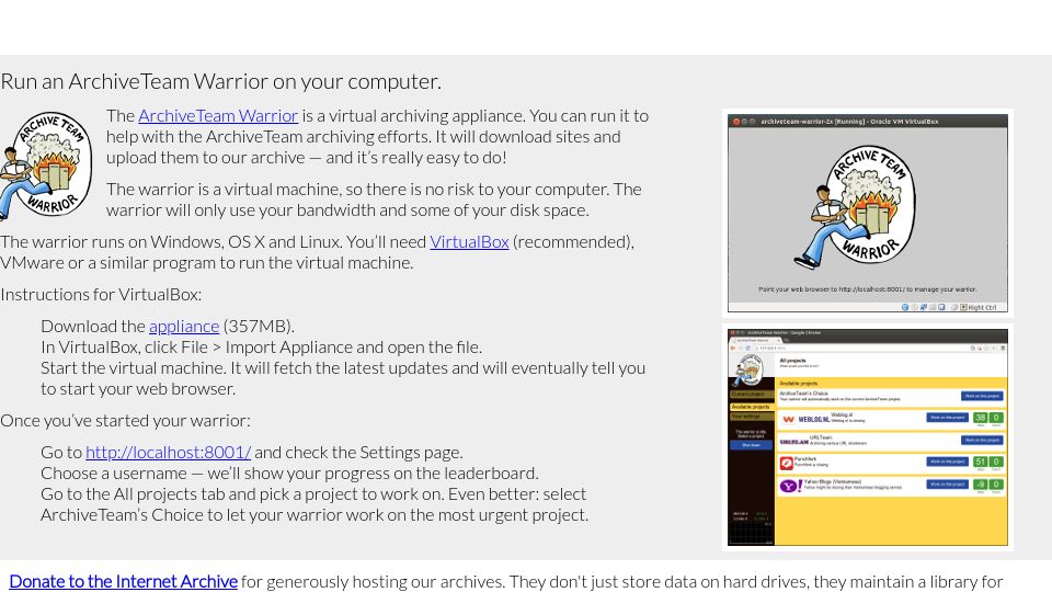 Screenshot of warrior.archiveteam.org: ArchiveTeam Warrior