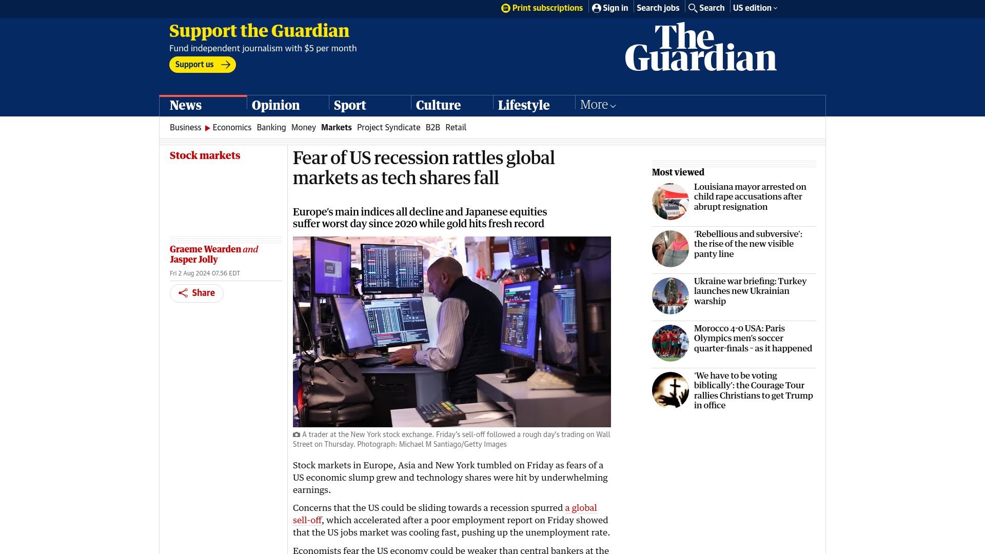 Screenshot of theguardian.com: Fear of US recession rattles global markets as tech shares fall