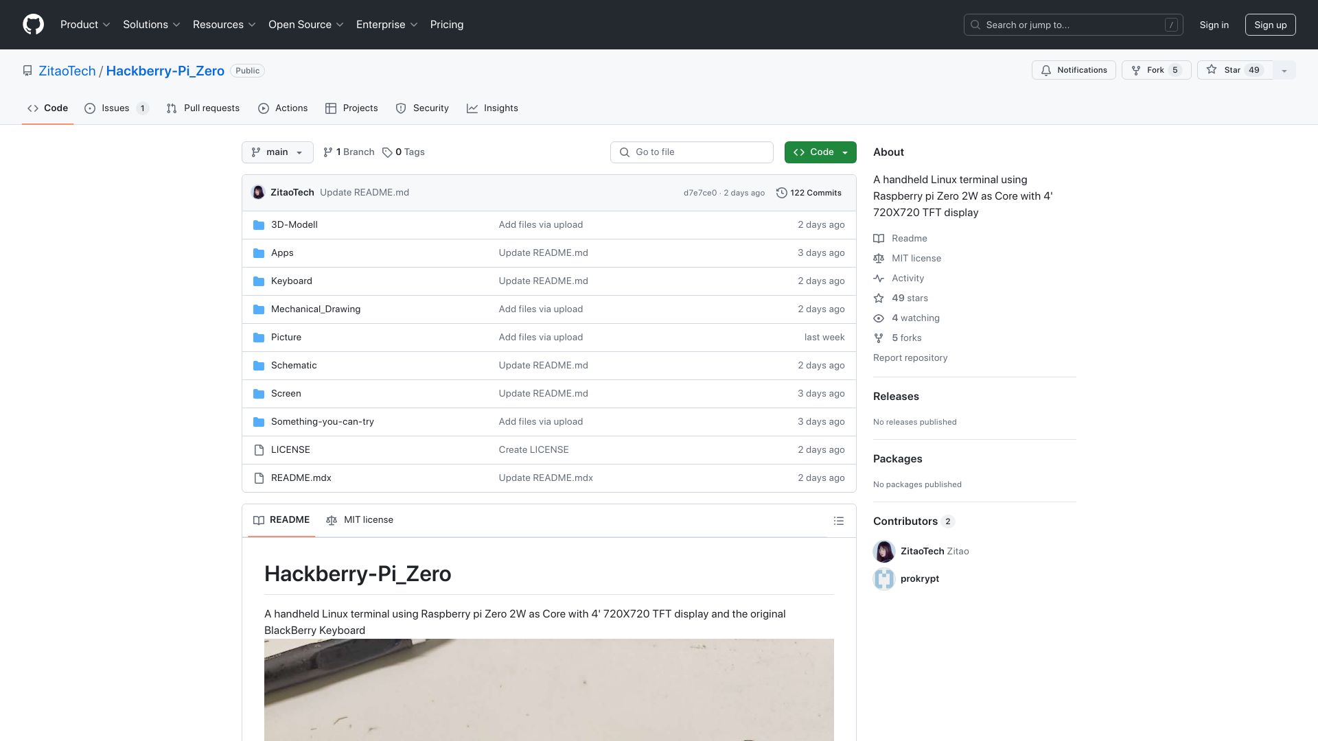 Screenshot of github.com: Hackberry-Pi_Zero – A handheld Linux terminal using Raspberry Pi Zero 2W