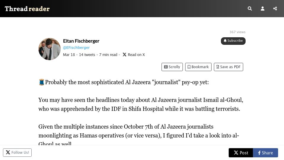 Screenshot of threadreaderapp.com: Al Jazeera "journalist" exposed as Hamas operative