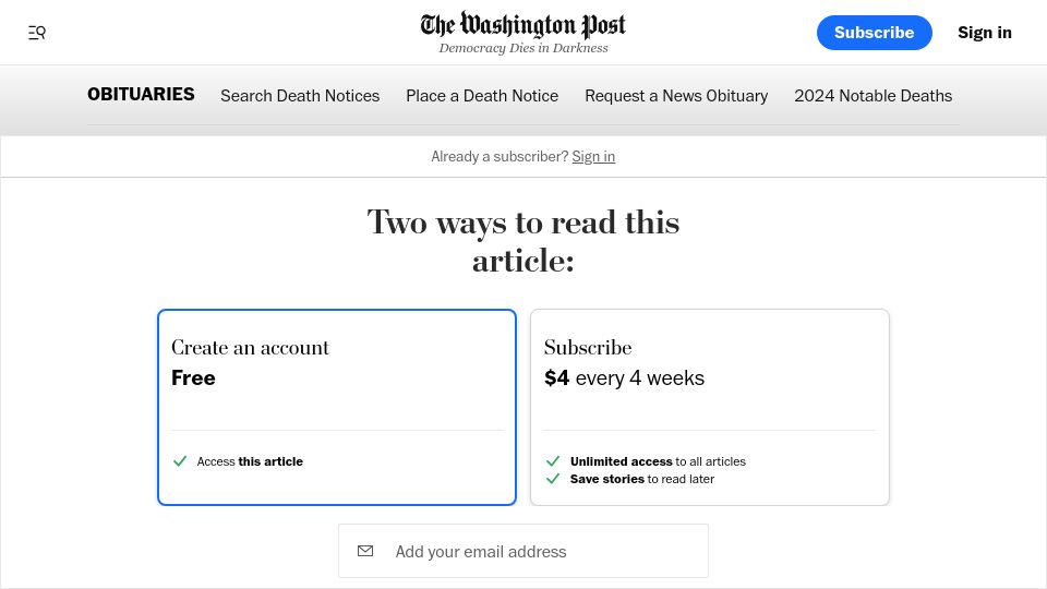 Screenshot of washingtonpost.com: Robin Warren, pathologist who rewrote the science on ulcers, has died