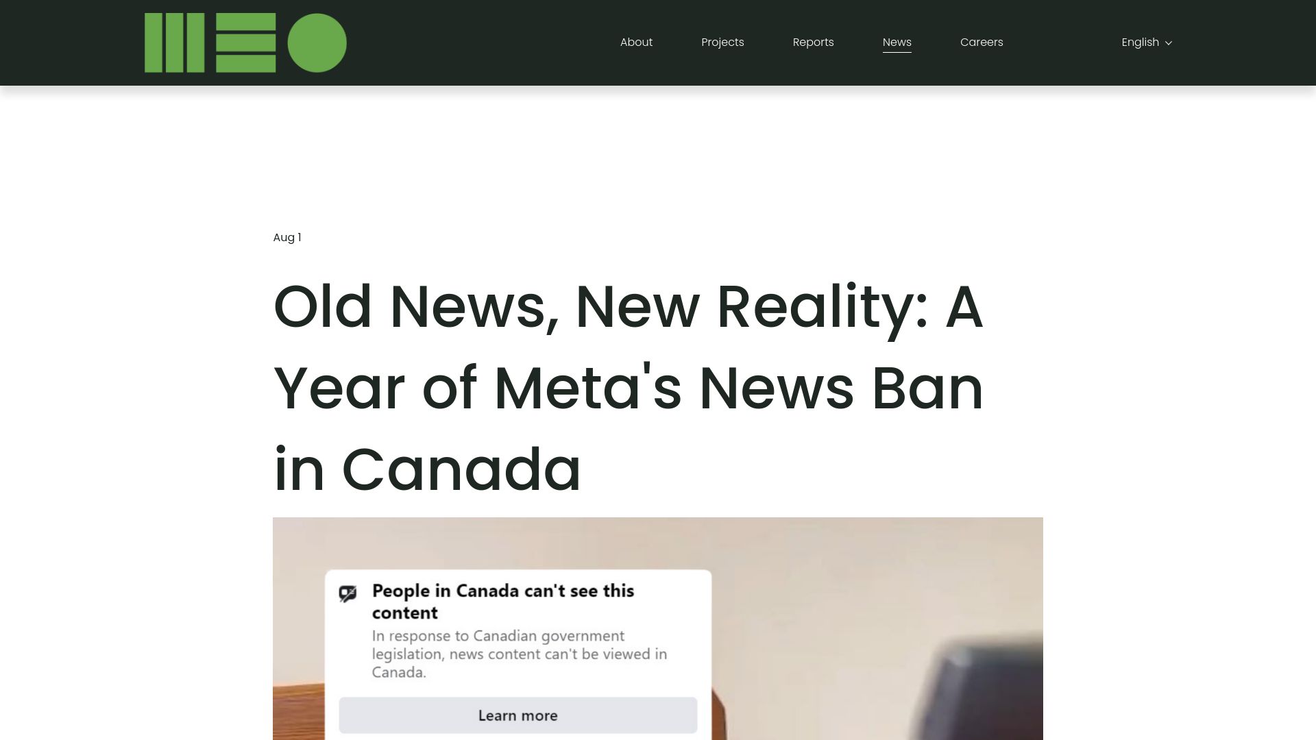 Screenshot of mediaecosystemobservatory.com: A year of Meta's news ban in Canada