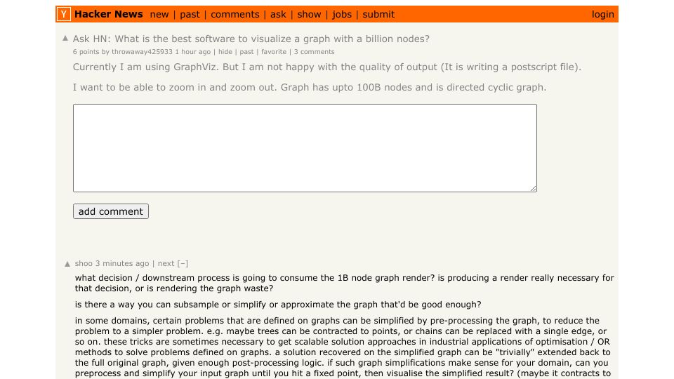 Screenshot of Hacker News post: Ask HN: What is the best software to visualize a graph with a billion nodes?