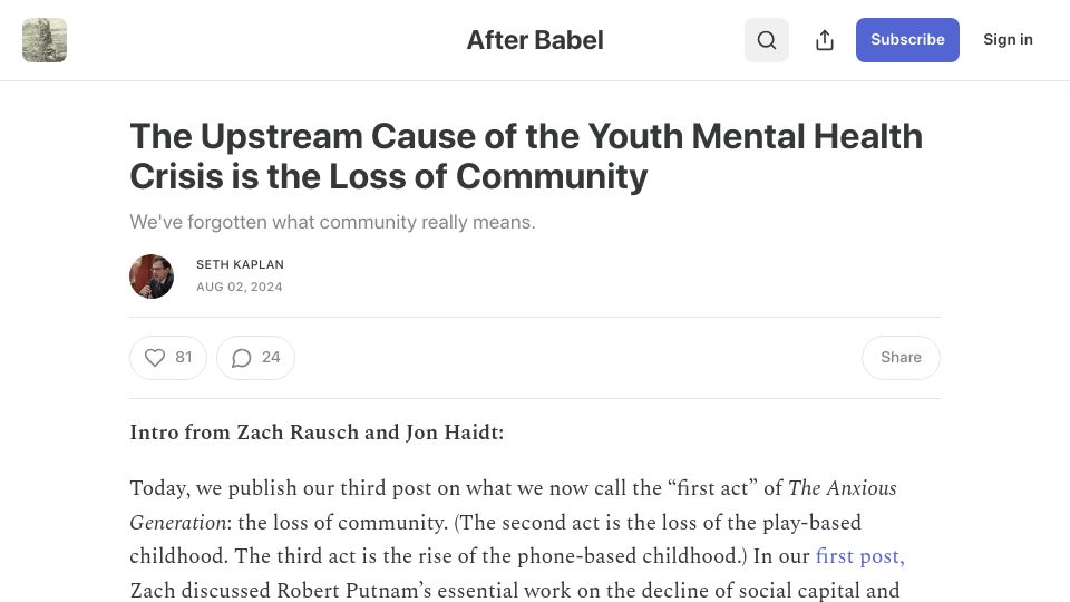 Screenshot of afterbabel.com: The upstream cause of the youth mental health crisis is the loss of community