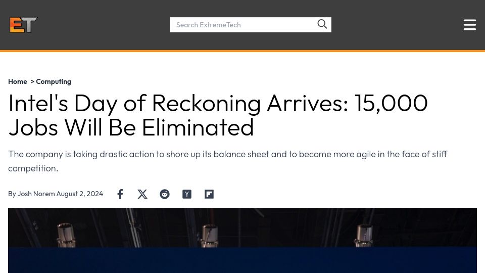 Screenshot of extremetech.com: Intel's Day of Reckoning Arrives: 15,000 Jobs Will Be Eliminated