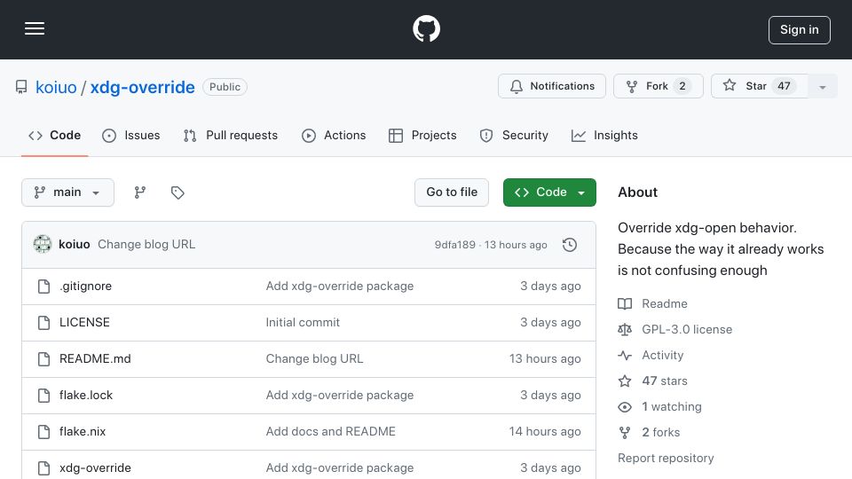 Screenshot of github.com: xdg-override: change default application temporarily on Linux