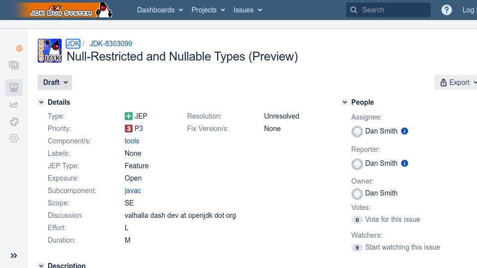 Screenshot of bugs.openjdk.org: Null-Restricted and Nullable Types