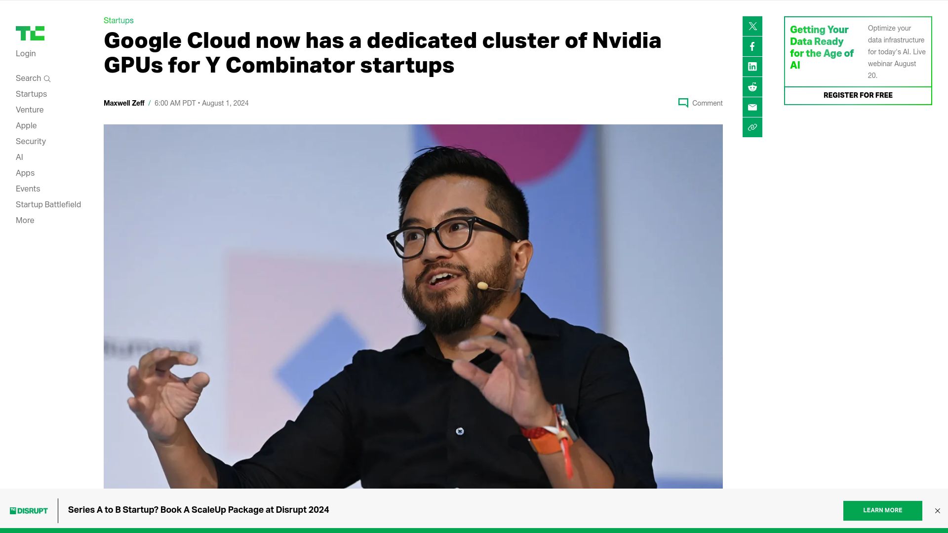 Screenshot of techcrunch.com: YC closes deal with Google for dedicated compute cluster for AI startups