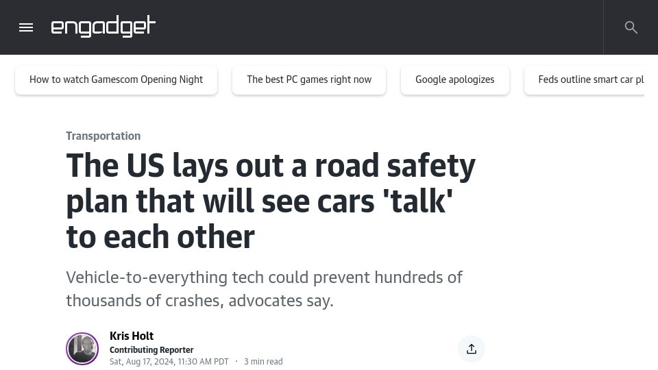 Screenshot of engadget.com: A road safety plan that will lead to cars communicating with each other