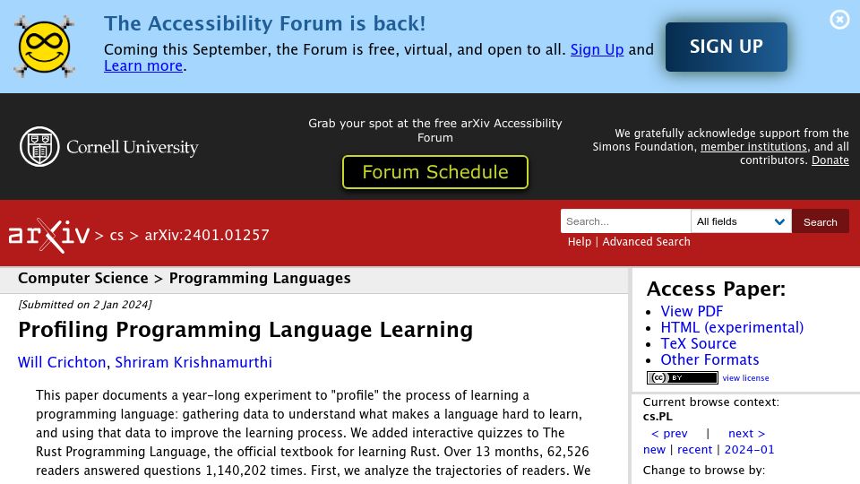 Screenshot of arxiv.org: Profiling Programming Language Learning