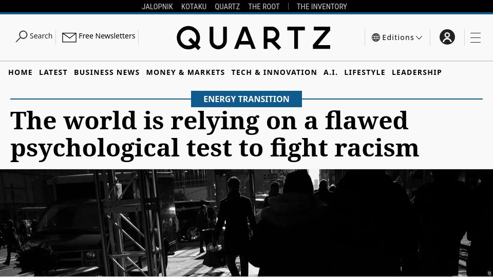 Screenshot of qz.com: The world is relying on a flawed psychological test to fight racism (2017)