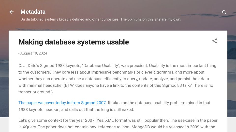 Screenshot of muratbuffalo.blogspot.com: Making database systems usable