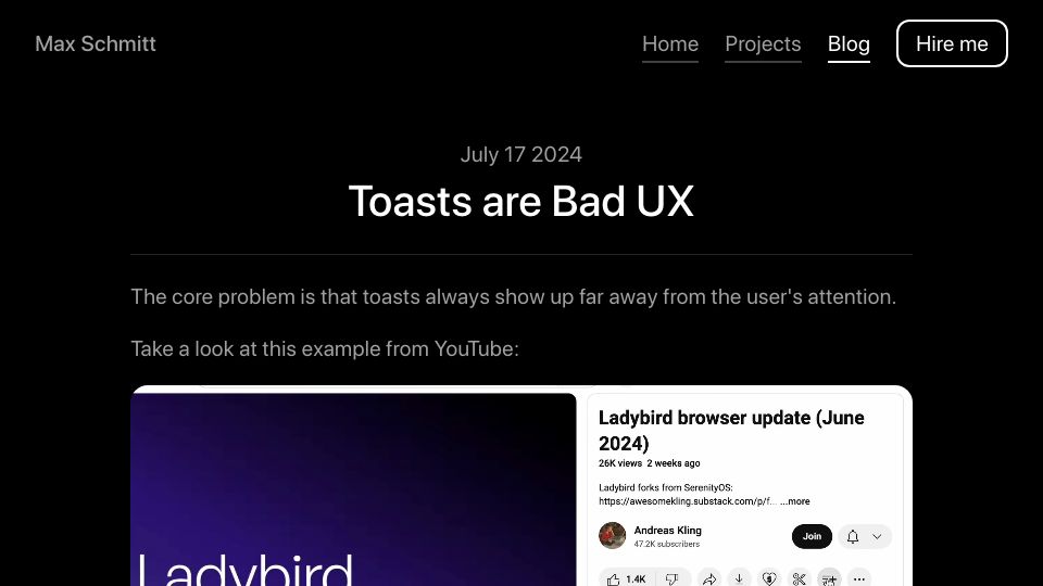 Screenshot of maxschmitt.me: Toasts are bad UX