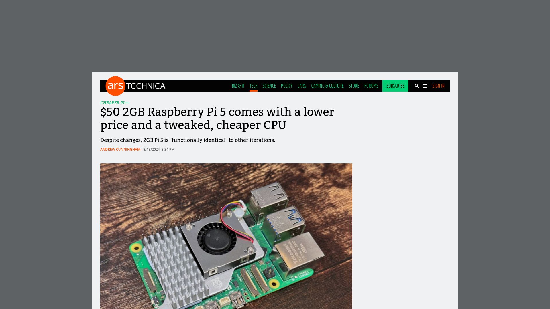 Screenshot of arstechnica.com: $50 2GB Raspberry Pi 5 comes with a lower price and a tweaked, cheaper CPU