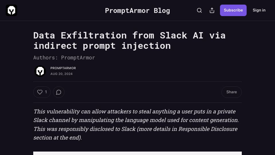 Screenshot of promptarmor.substack.com: Data Exfiltration from Slack AI via indirect prompt injection