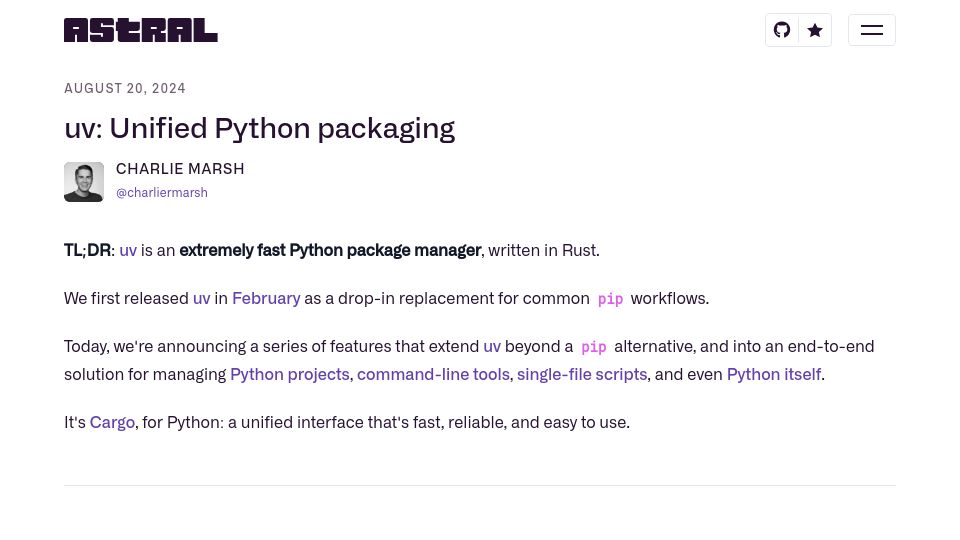 Screenshot of astral.sh: Uv 0.3 – Unified Python packaging