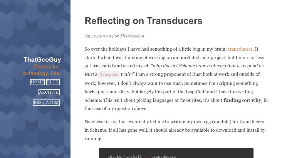 Screenshot of thatgeoguy.ca: Reflecting on transducers in Scheme (2023)