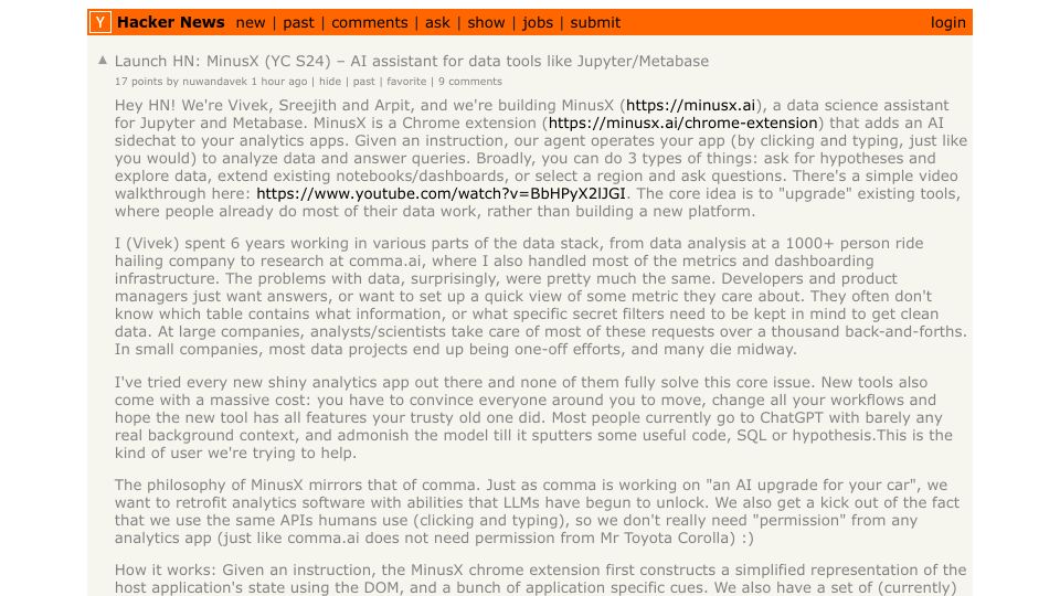 Screenshot of Hacker News post: Launch HN: MinusX (YC S24) – AI assistant for data tools like Jupyter/Metabase