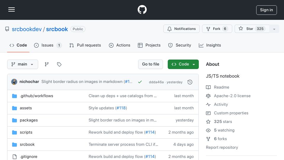 Screenshot of github.com: Show HN: Srcbook – A TypeScript notebook for rapid prototyping