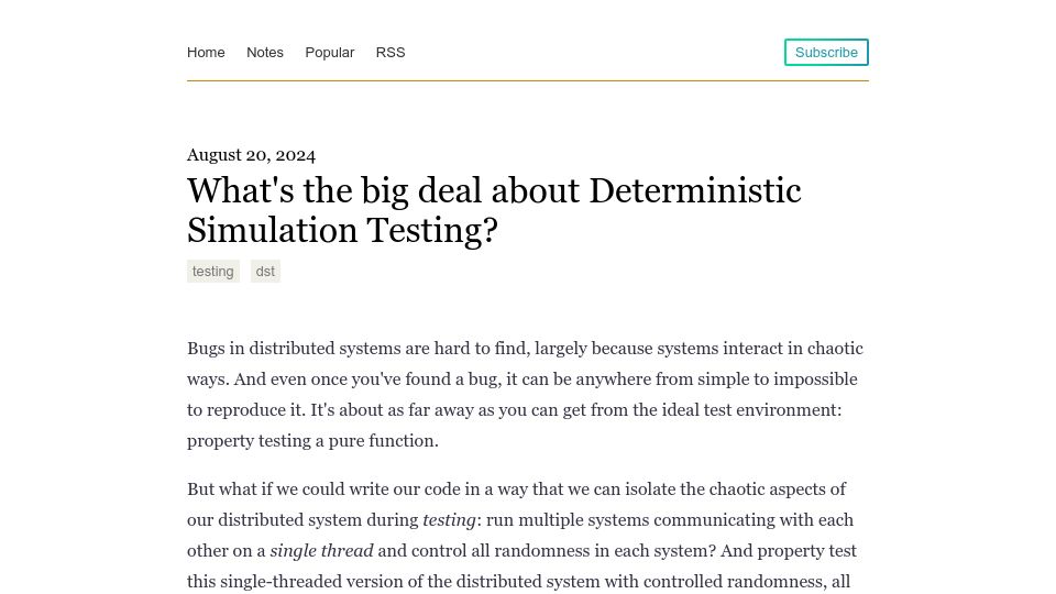 Screenshot of notes.eatonphil.com: What's the big deal about Deterministic Simulation Testing?