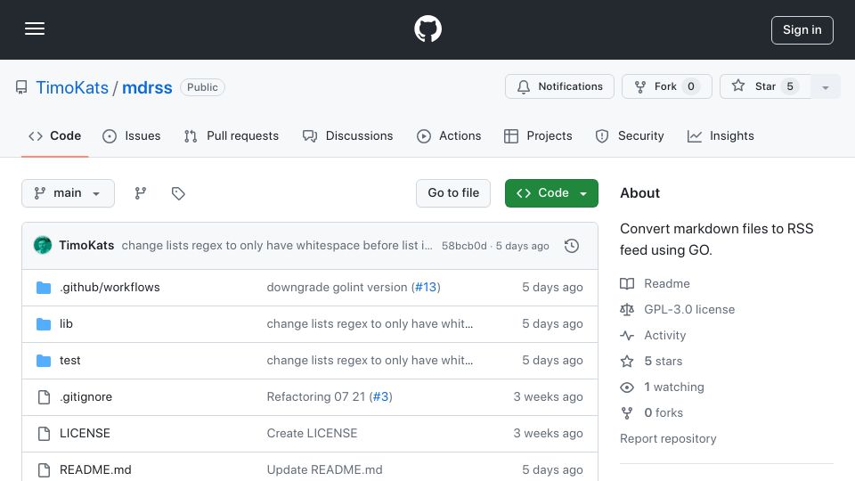 Screenshot of github.com: Convert Markdown files to RSS feed