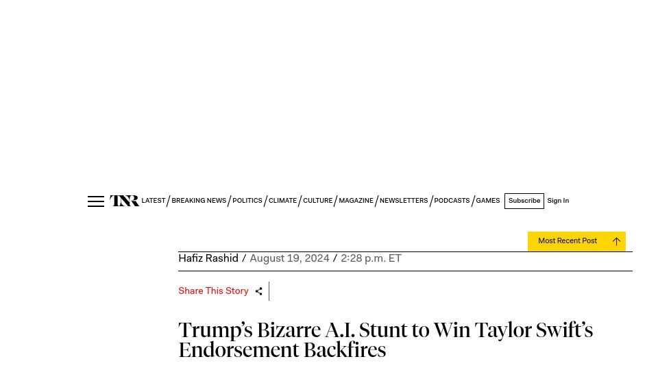 Screenshot of newrepublic.com: Trump's A.I. Stunt to Win Taylor Swift's Endorsement Backfires