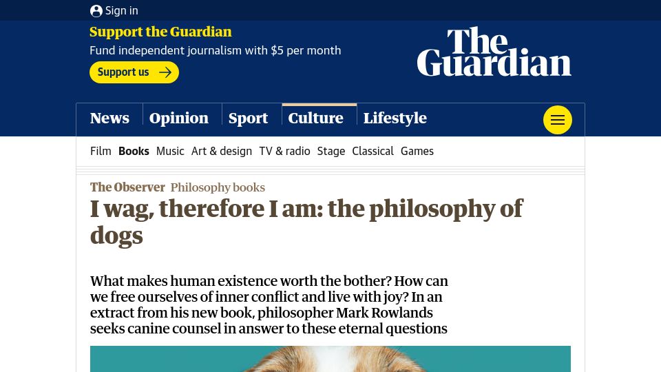 Screenshot of theguardian.com: I wag, therefore I am: the philosophy of dogs