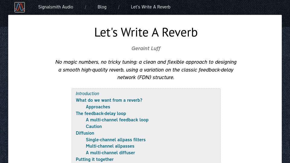 Screenshot of signalsmith-audio.co.uk: Let's Write a Reverb (2021)