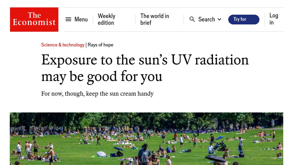 Screenshot of economist.com: Exposure to the Sun's UV radiation may be good for you
