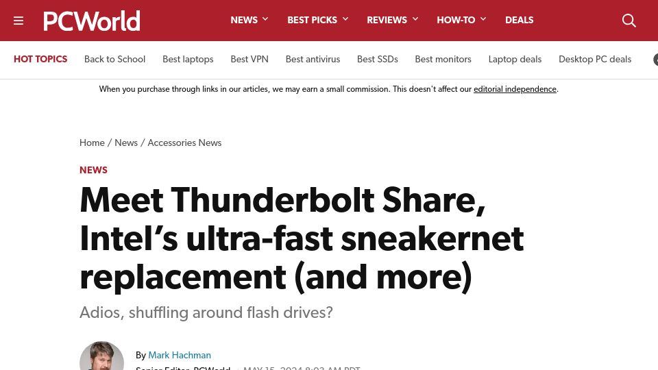 Screenshot of pcworld.com: Intel's Thunderbolt Share is a speedy sneakernet replacement and more