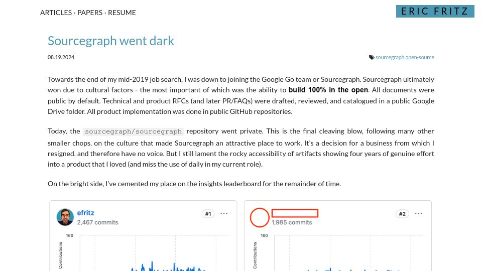 Screenshot of eric-fritz.com: Sourcegraph went dark