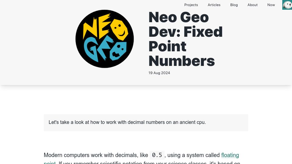 Screenshot of mattgreer.dev: Neo Geo Dev: Fixed Point Numbers