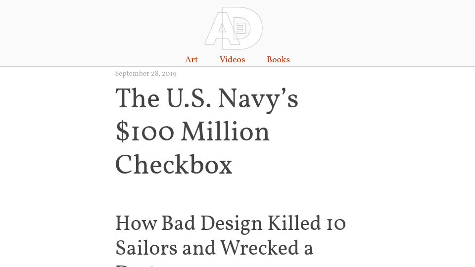 Screenshot of adrian3.com: The U.S. Navy's $100M checkbox (2019)