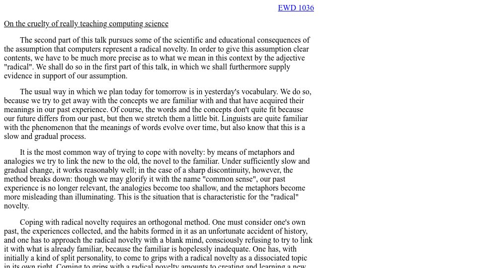 Screenshot of cs.utexas.edu: On the cruelty of really teaching computing science (1988)