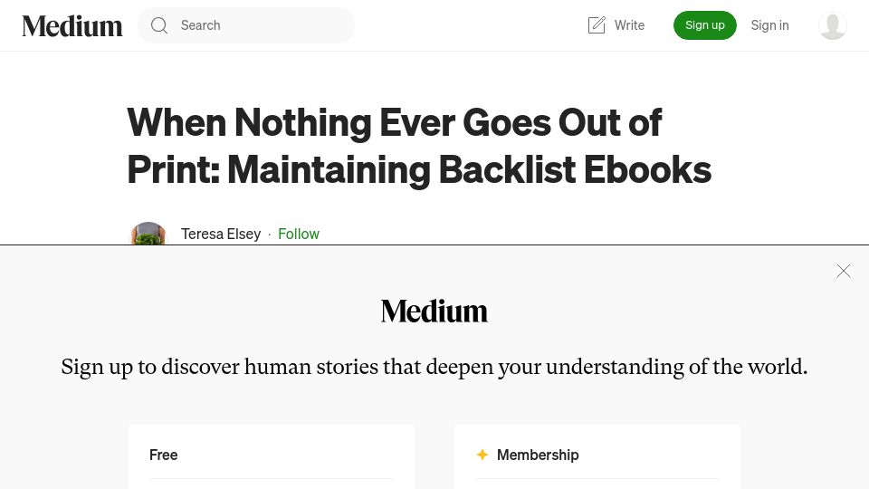 Screenshot of teresaelsey.medium.com: When Nothing Ever Goes Out of Print: Maintaining Backlist Ebooks (2016)